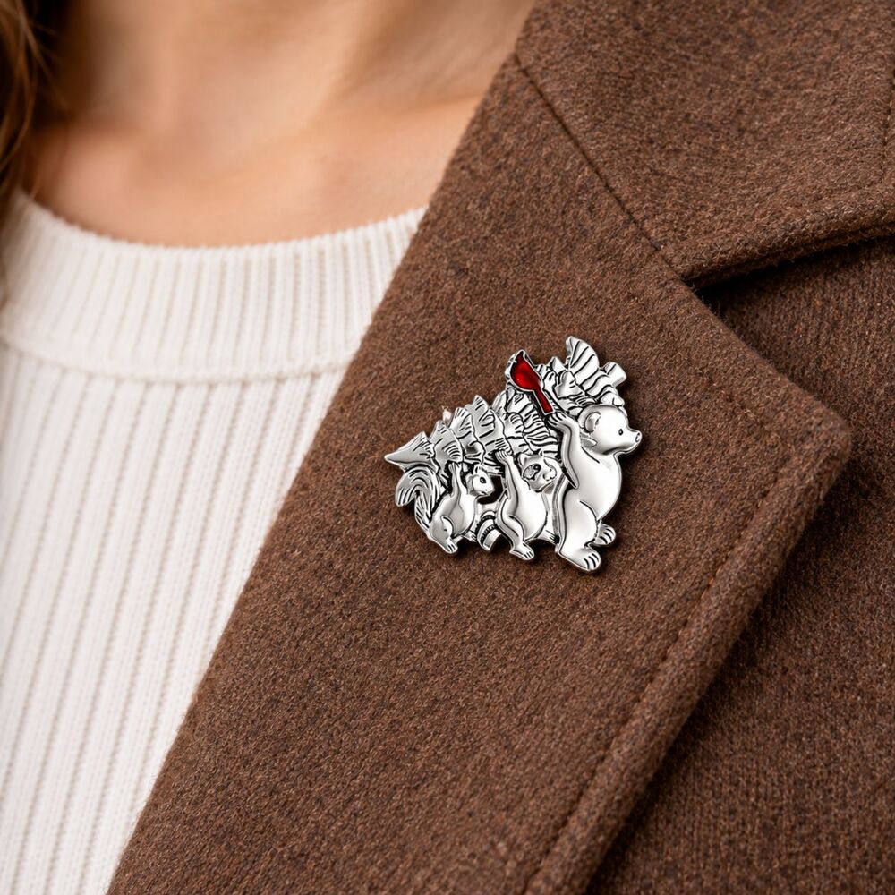 Forest Animal Brooch Squirrel Raccoon Bear Christmas Tree Enamel Bird Pin